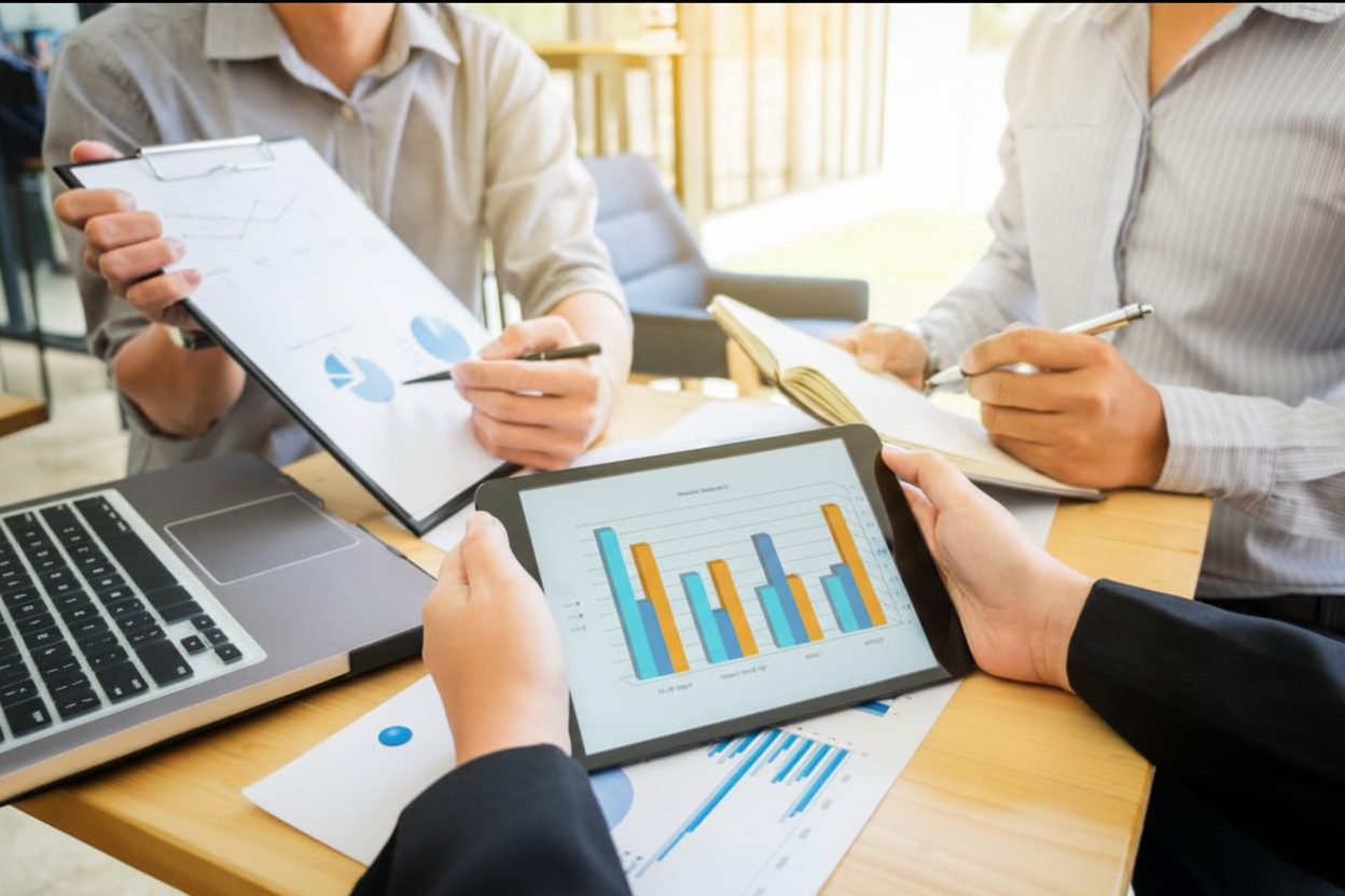 Three professionals in a modern office collaborating over data. One holds a tablet with a bar chart, another points to a clipboard with line graphs, and a third takes notes in a journal.